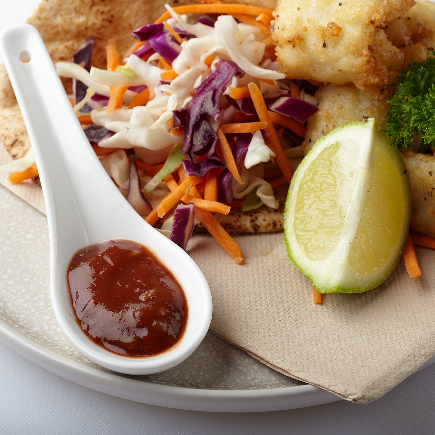Salt and pepper Ballina Calamari with Nan's Tomato Relish as the dipping sauce.